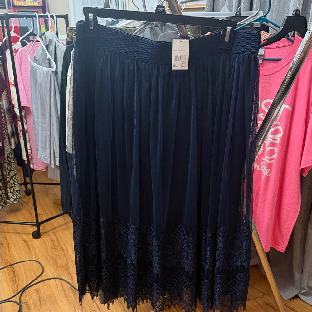 Cato Navy Midi Skirt with Lace Trim